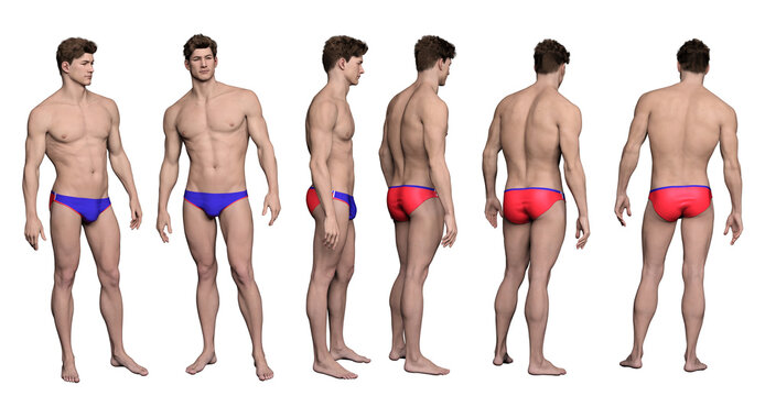 3D render : Portrait of male  swimmer model with good physical shape wearing stylish swimsuit, isolated, PNG transparent swimwear fashion design concept, different angles.