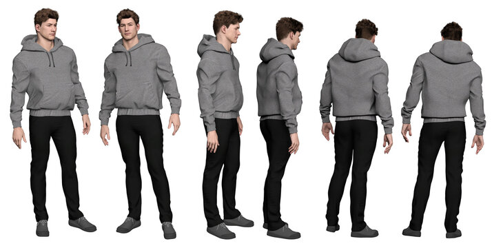 3D Render : Portrait of  young handsome man wearing casual outfit with hood, isolated, PNG transparent , fashion design concept, different angles.