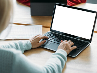 Office work. Digital mockup. Network search. Unrecognizable woman working laptop blank screen...