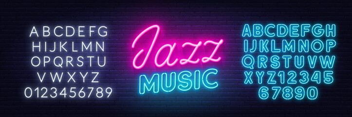 Jazz Music neon sign on brick wall background.