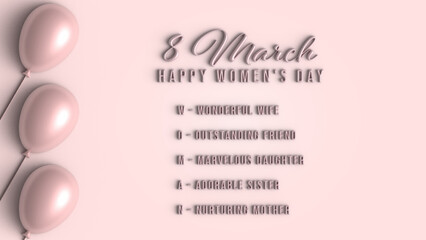March 8, International Women's Day card. Banner with pink balloon, pastel colours background, 3d.