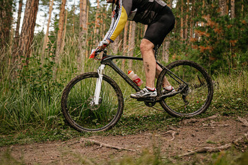 Fototapeta na wymiar side view male cyclist down from mountain forest trail