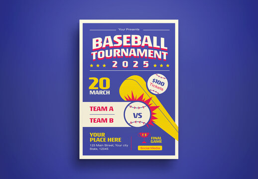 Blue Flat Design Baseball Tournament Flyer Layout