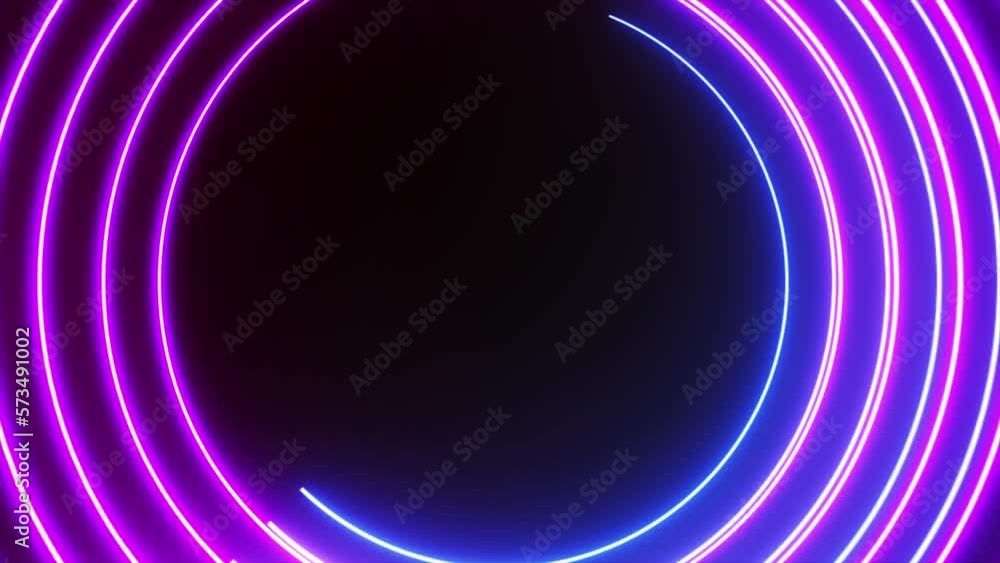 Poster loop animation of neon glowing circle, light circle motion over black background, abstract circle ne