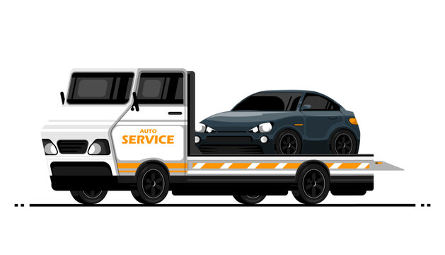 Auto service tow truck with personal sport car on isolated background, Vector illustration.