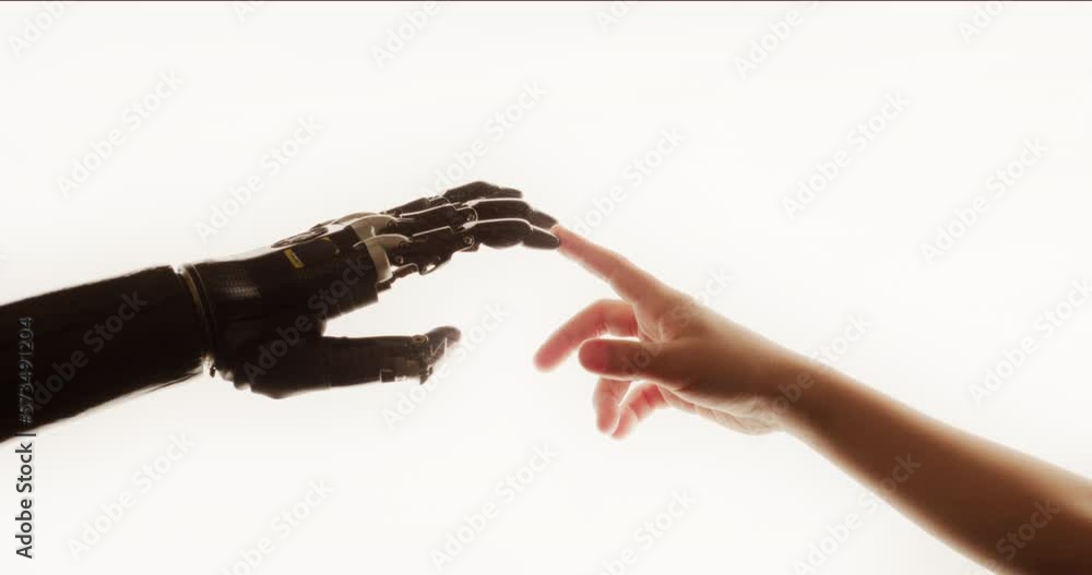 Poster humanoid robot arm touches child's human hand. humanity and artificial intelligence unified. future 