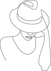 Abstract linear woman in hat. Minimal portrait. Head fashionable accessory. One line continuous. Beauty and glamour concept. Cap headgears for lady. Hand drawn vector illustration.