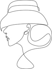 Abstract linear woman in hat. Minimal portrait. Head fashionable accessory. One line continuous. Beauty and glamour concept. Cap headgears for lady. Hand drawn vector illustration.