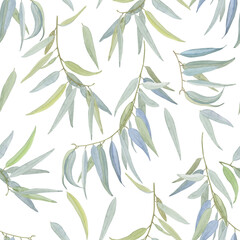 Naklejka na ściany i meble Eucalyptus branches with leaves seamless pattern. Hand drawn illustration of medicinal tree twigs. Endless foliage background. For fabric and wallpaper.