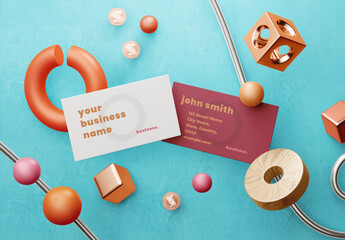 Business Card Mockup With Floating Geometric Elements