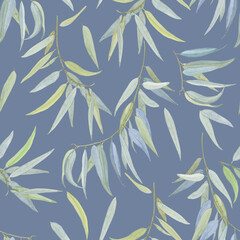 Fototapeta na wymiar Eucalyptus branches with leaves seamless pattern. Hand drawn illustration of medicinal tree twigs. Endless foliage background. For fabric and wallpaper.