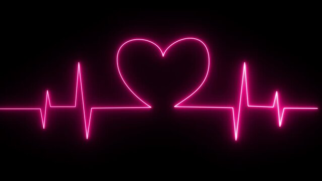 Neon Digital Heartbeat Plus Animation Over Black Bg, Heart Beat Line Cardiogram Medical Background, Ekg Ecg Heartbeat Line Animation, Glowing Neon Heart Rate Line Video Animation On Black Screen 