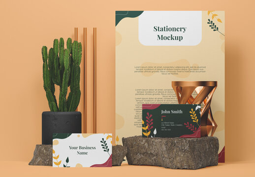 Elegant Stationery Mockup With Green Cactus