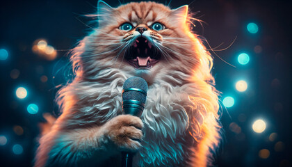 cute funny fluffy cat singing in microphone on empty glowing stage. Generative AI
Generative AI