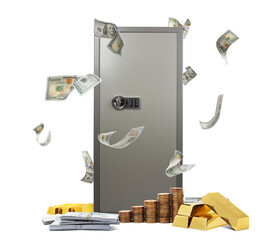 Big closed steel safe with money and gold bars on white background
