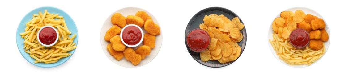 Set of different snacks served with ketchup on white background, top view