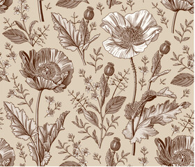 Seamless pattern. Beautiful blooming realistic isolated flowers. Vintage background fabric. Poppy Poppies wildflowers set. Wallpaper baroque. Drawing engraving sketch Vector victorian illustration © Наталья Лобенко