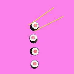 3d rendering of flying rolls with tuna and sushi chopsticks. Minimalism.