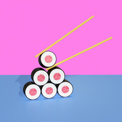 3d render of a stack of tuna rolls and chopsticks on pink and blue. Minimalism.