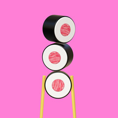 3d render of a three tuna rolls with sushi chopsticks on a pink background. Minimalism and close up.