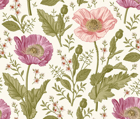 Seamless pattern. Beautiful blooming realistic isolated flowers. Vintage background fabric. Poppy Poppies wildflowers set. Wallpaper baroque. Drawing engraving sketch Vector victorian illustration © Наталья Лобенко