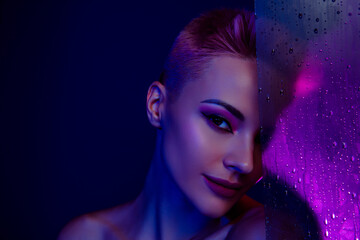 Lady put on skin luxury top cosmetics toner bronzer brows paint sculpted cheekbones hiding behind fogged steam glass