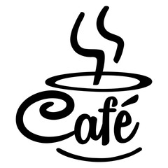 Logo aislado cafetería. Letras palabra café en español en texto manuscrito con forma de taza de café con humo © teracreonte