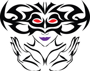 graphic art vector design of a red-eyed woman with purple lipstick wearing a blindfold mask with black patterns and carvings while her hands are in front of her face