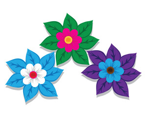 graphic design cartoon illustration of three colorful flowers and leaves around them consisting of a combination of several colors with a shadow effect on each flower