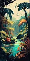 Fototapeta na wymiar Tropical summer paradise scene landscape with river, ocean, sea, leaves and plants. flowers and birds. Generative AI
