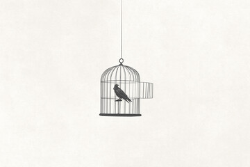 Illustration of bird in an open cage, surreal abstract concept
