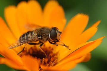 Colorful closeup on a tapered drone-fly, Eristalis pertinax on an orange flower in the garden