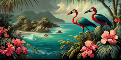 Fotobehang Tropical summer paradise scene landscape with river, ocean, sea, leaves and plants. flowers and birds. Generative AI © Lucia Fox