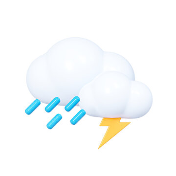 3D Cloud with lightning and raindrops. Weather forecast emoji. Cartoon creative design icon. 3D Rendering
