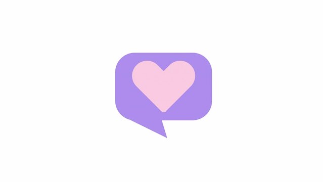 Animated chat bubble with pink heart. Flat cartoon style icon 4K video footage. Rectangle purple speech balloon color illustration on white background with alpha channel transparency for animation