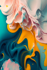 irresistible noble & elegant high class Abstract liquid metal artistic spring flowers floral fluid  yellow, white, pink, teal, blue apple/mac swirl paint (generative ai) 3d render, vertical wallpaper 
