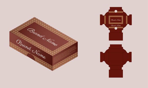 Packaging design with die Cut Template, Bordeaux, and gold luxury box design template and 3d Box Mock-up. Illustration vector.