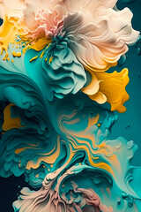 Elegant and vibrant abstract floral spring design, vertical phone digital art wallpaper, liquid paint wavy stirrup swirl, colorful yellow, white, pink, teal, blue (generative ai) 3d render, vertical i