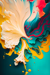 Elegant and vibrant abstract floral spring design, vertical phone digital art wallpaper, liquid paint wavy stirrup swirl, colorful yellow, white, pink, teal, blue (generative ai) 3d render, vertical i