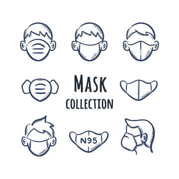 People wearing mask medical icon drawing illustration collection, surgical and n95 mask