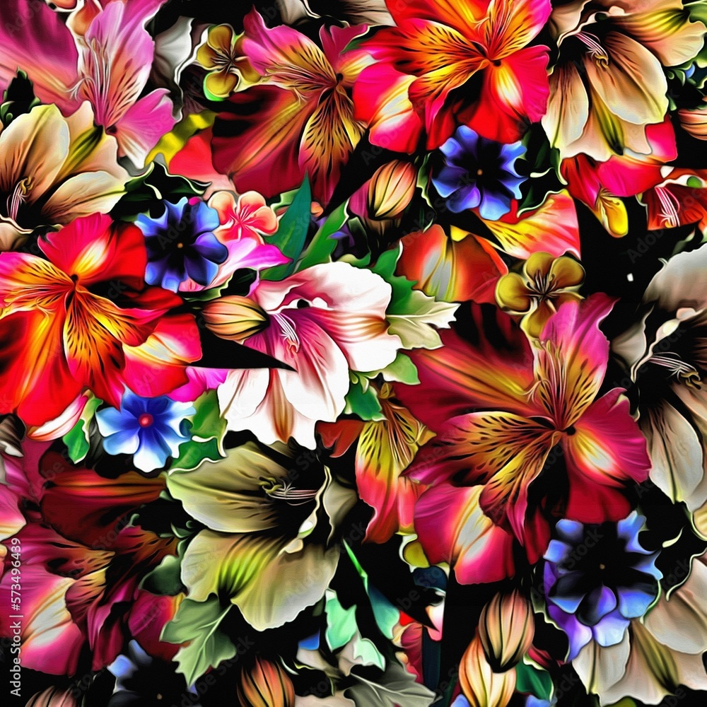 Poster computer graphics of abstract floral psychedelic background stylization of colored chaotic stickers 