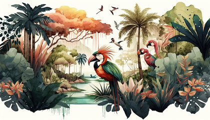 Drawing of the natural landscape of tropical forests of trees and palm trees, parrots and flamingos
