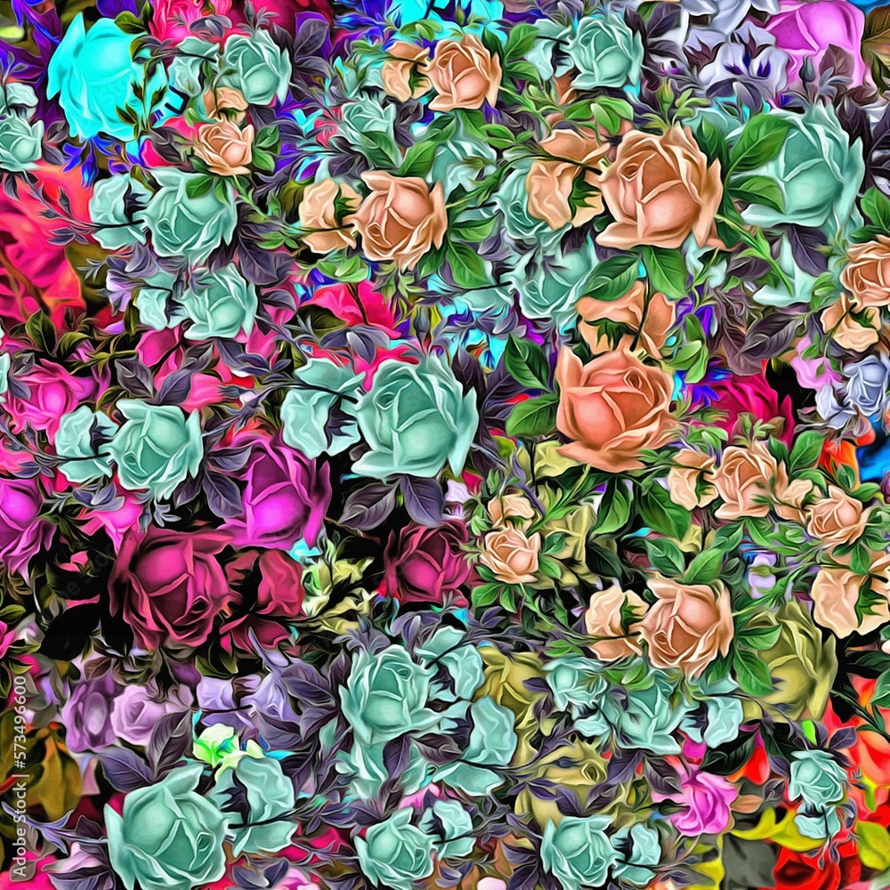 Poster Computer graphics of abstract floral psychedelic background stylization of colored chaotic stickers in the form of leaves