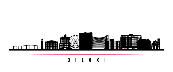Biloxi skyline horizontal banner. Black and white silhouette of Biloxi Beach, Mississippi. Vector template for your design.