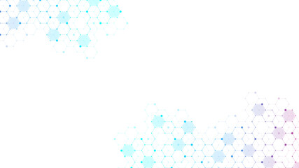 Abstract medical background DNA research, molecule, genetics, genome, DNA chain. Genetic analysis art concept with hexagons, lines, dots. Biotechnology network concept molecule, illustration