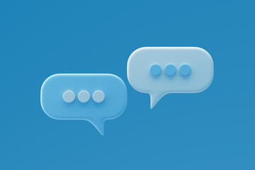 Social media notification icons, white and blue speech bubbles on blue background. 3D rendering