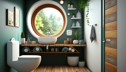 Stylish bathroom interior in green color, round window and plants, generative ai