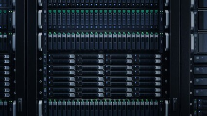 Front VIew of Server Rack with Blinking Lights in Modern Datacenter. Advanced Cloud Computing and Machine Learning Concept.