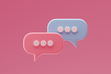 Social media notification icons, pink and blue speech bubbles on pink background. 3D rendering