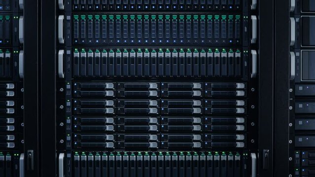 Front VIew of Server Rack with Blinking Lights in Modern Datacenter. Advanced Cloud Computing and Machine Learning Concept.